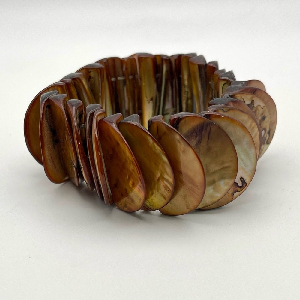 Vintage Brown Dyed Abalone Shell Disc Stretch Statement Bracelet Boho Vibe